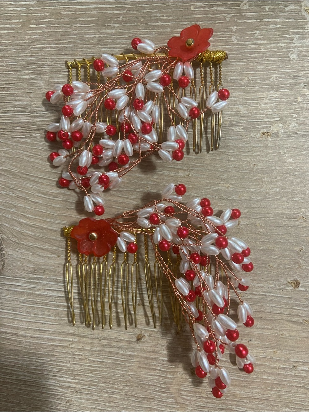 Vintage Handmade Red & Pearl Floral Hair Combs - Pair